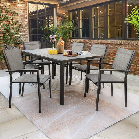 AlFresco Elite — 7-Piece Outdoor Dining Set, Weather-Resistant Table with 6 Stackable Textilene Chairs