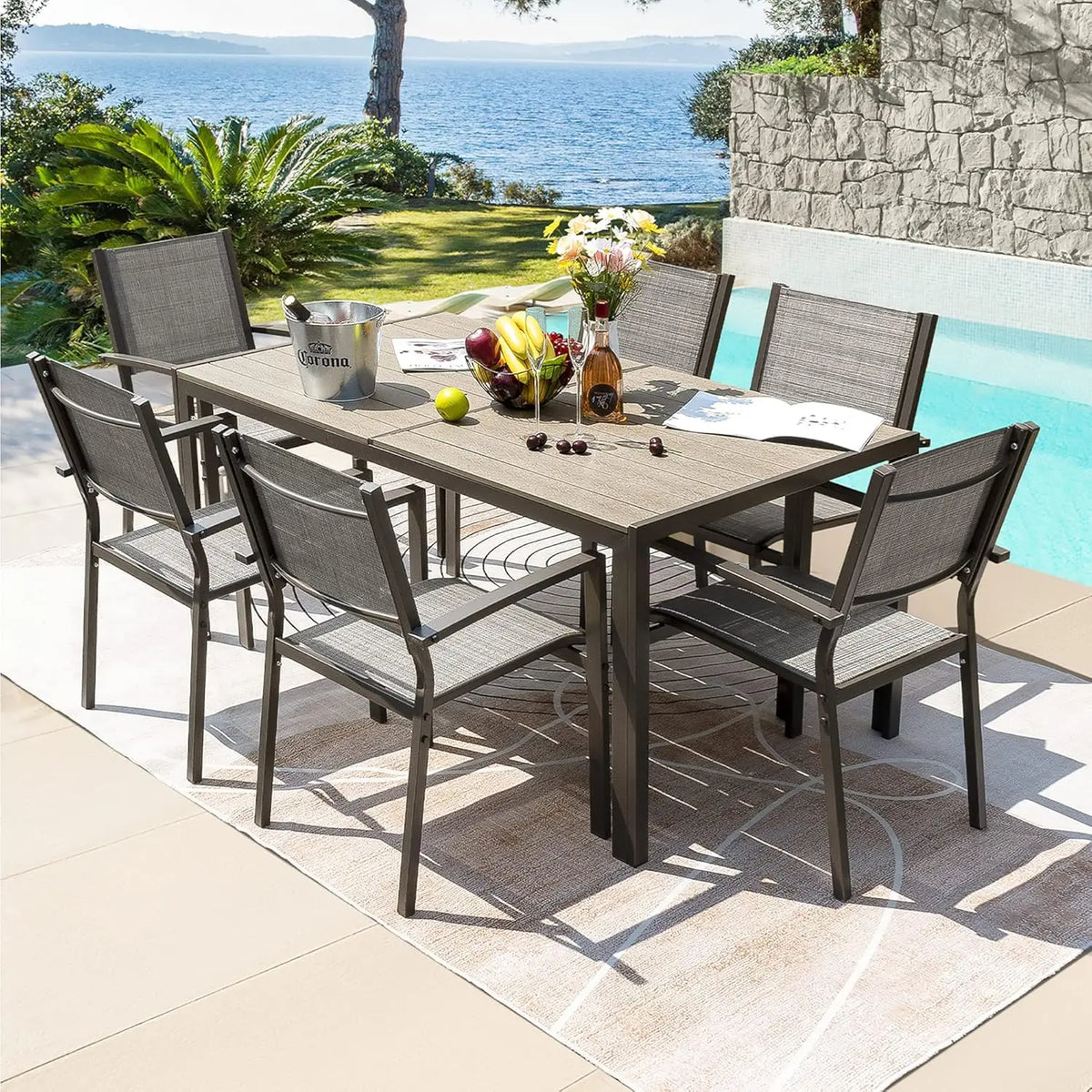 AlFresco Elite — 7-Piece Outdoor Dining Set, Weather-Resistant Table with 6 Stackable Textilene Chairs
