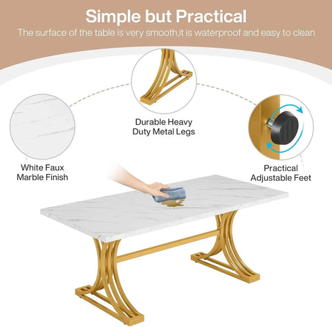 MarbleCrest Pro — 63" Modern Rectangular Dining Table for 4–6, Faux Marble Top