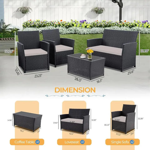 4-Piece Outdoor Patio Furniture Set, Sectional Wicker Sofa with Rattan Couch for Balcony, Porch, or Backyard (Black-Light-Grey) - ( 🚚 Fast Shipping: Delivered in 4–10 Business Days )