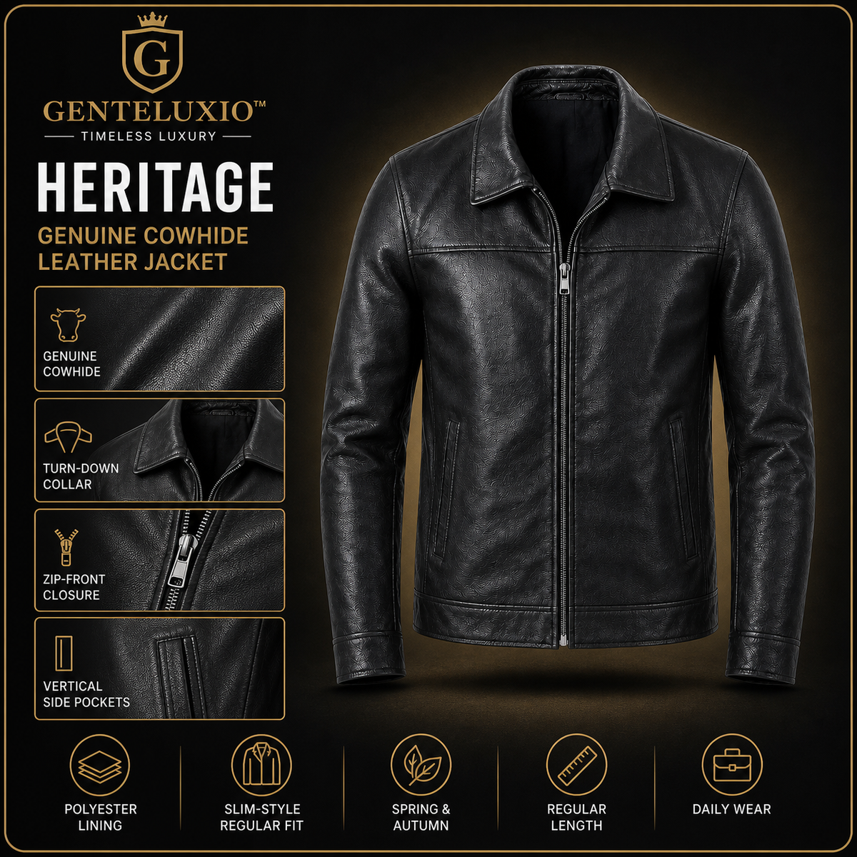 GENTELUXIO™ Heritage Slim-Fit Men’s Genuine Cowhide Leather Jacket