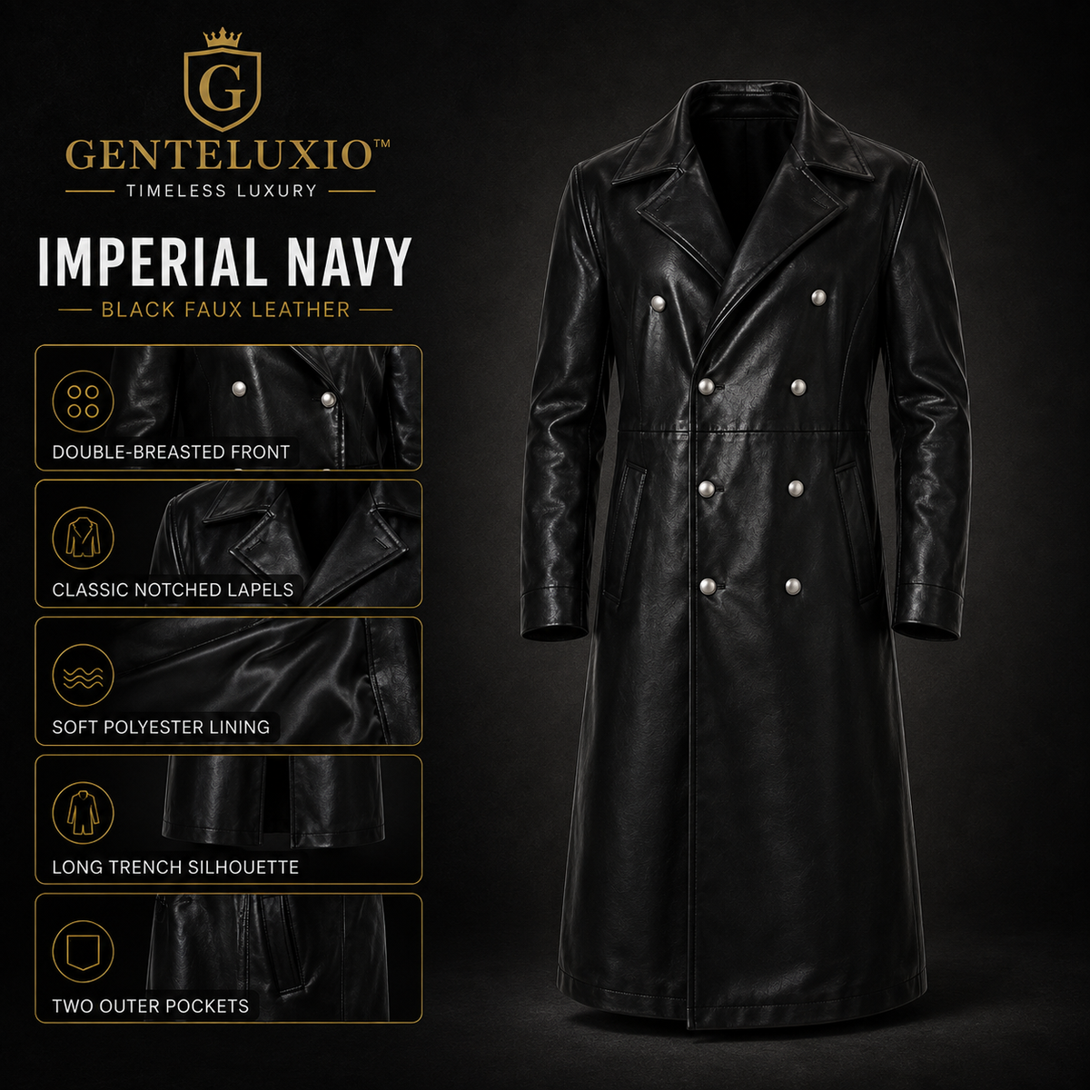 GENTELUXIO™ Imperial Navy U‑Boat Captain Black Leather Trench Coat