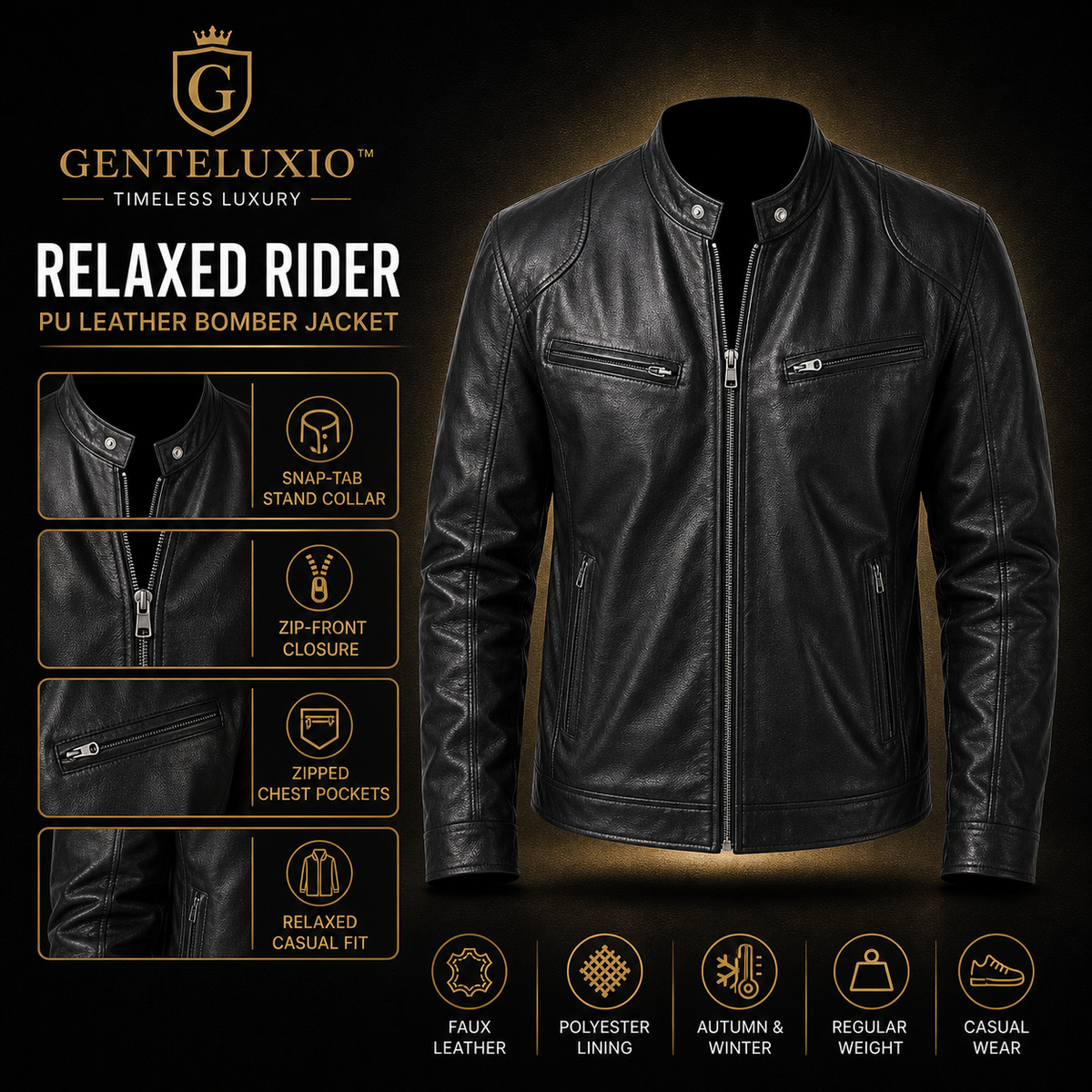 GENTELUXIO™ Relaxed Rider Men’s PU Leather Bomber Jacket